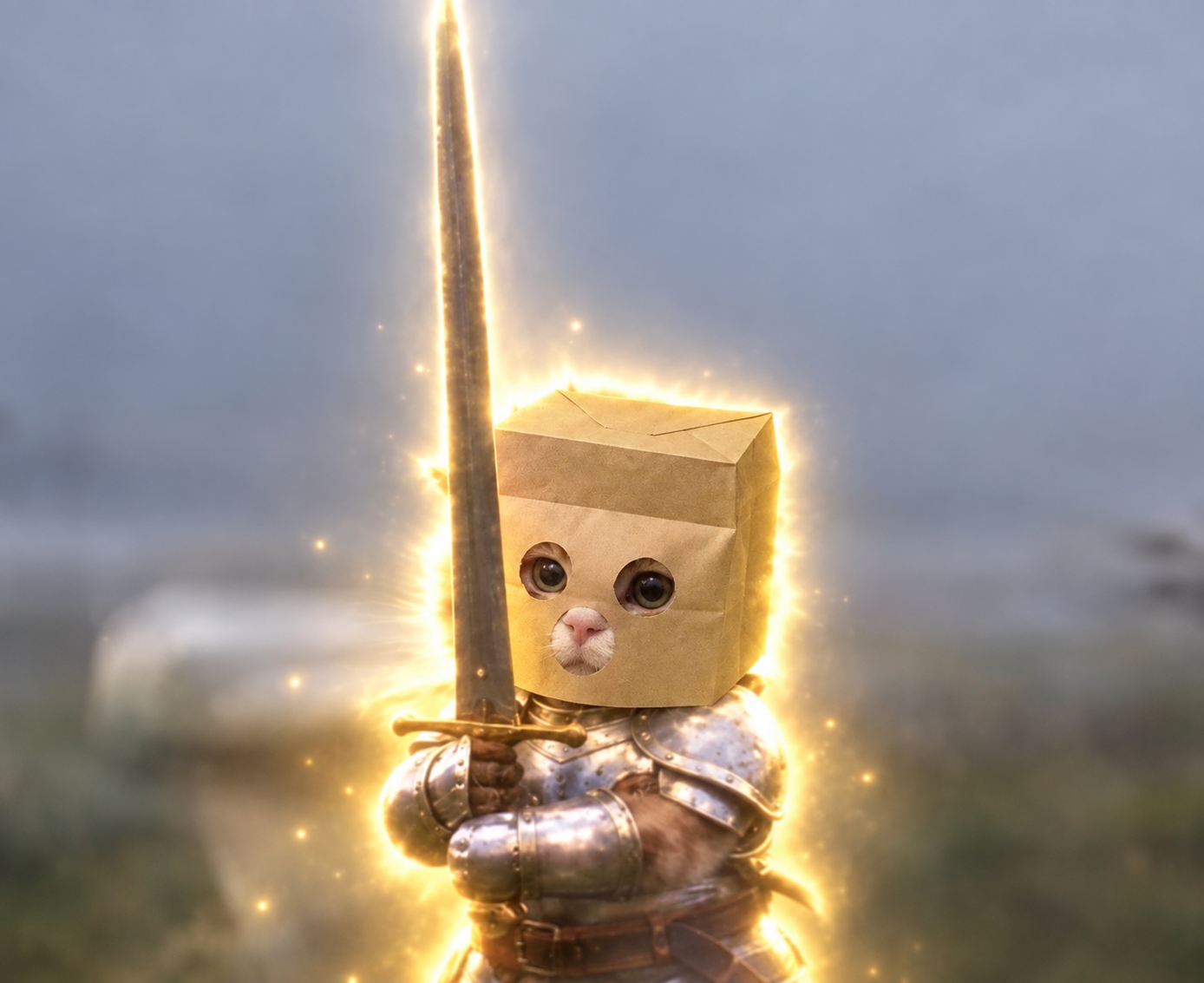 An orange kitten in silver armor and a paper-bag mask, holding a glowing golden sword